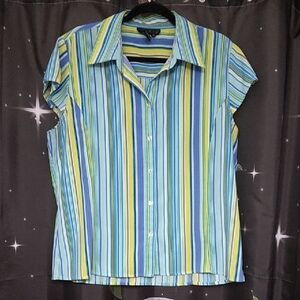 Ninety 90s Blue Green Yellow Striped Button Down Short Sleeved Blouse